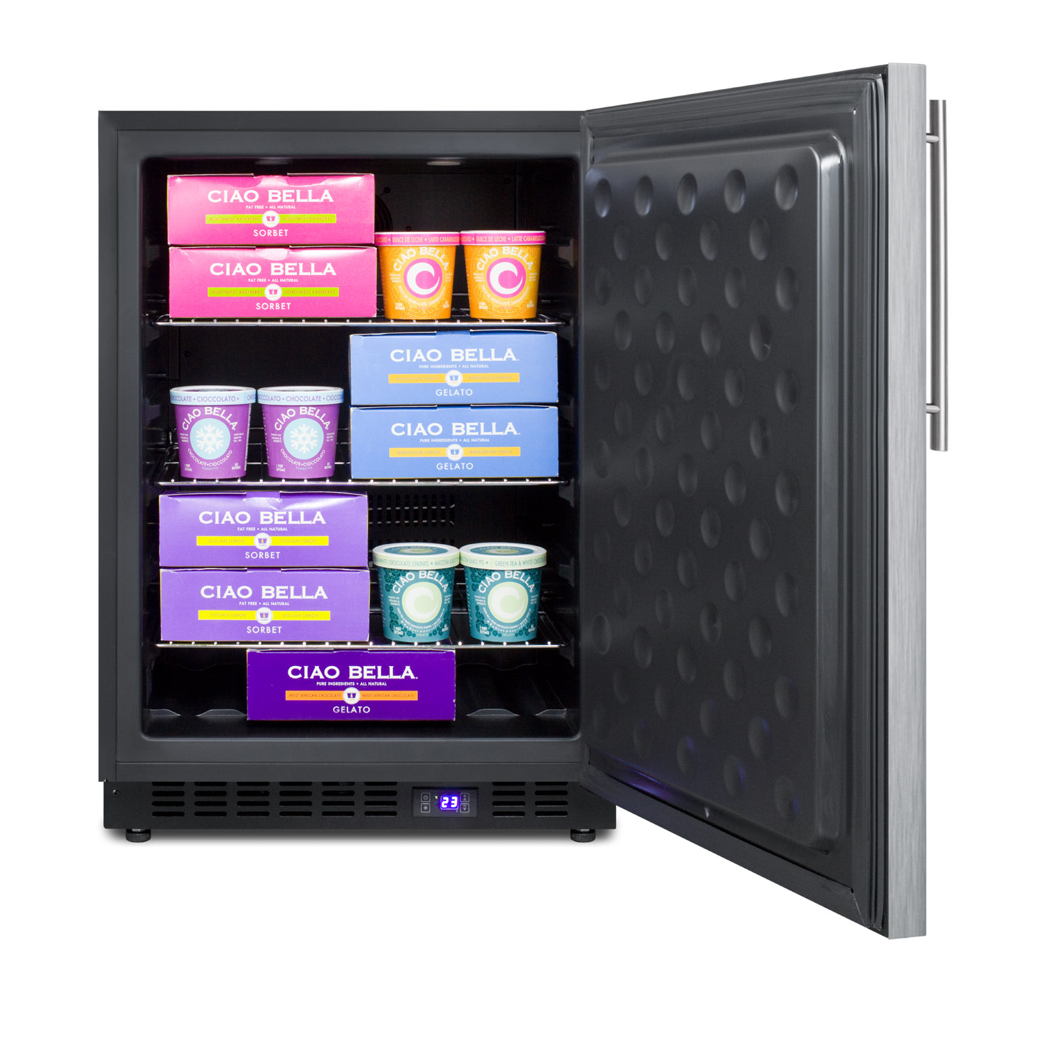 Frost-free outdoor all-freezer in complete stainless steel, w/digital thermostat, LED lighting, thin handle, and lock; built-in or freestanding